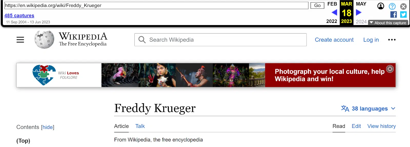 Wayback Machine example: Freddy Kroueger