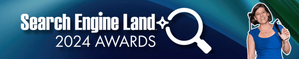 Blue background with white Search Engine Land logo and a woman in a blue dress holding a trophy.