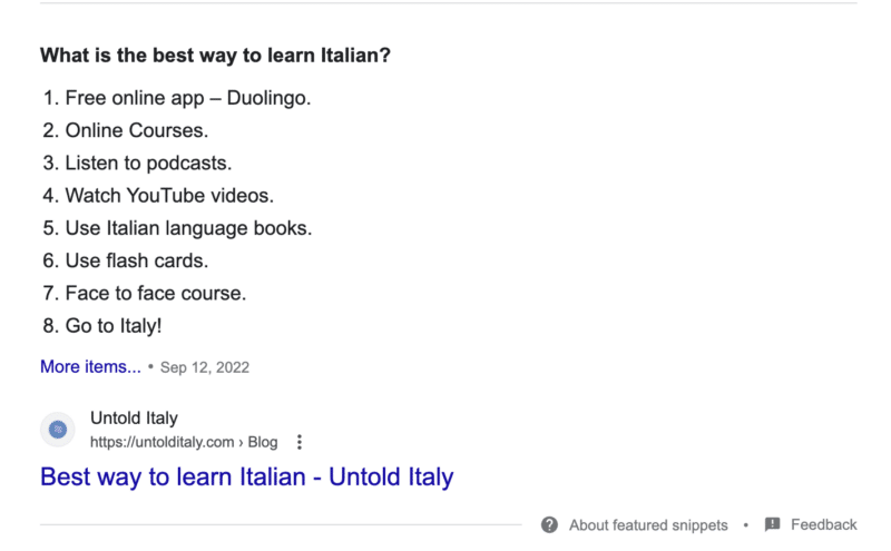 Featured snippet result for "how to learn Italian", featuring only one website.