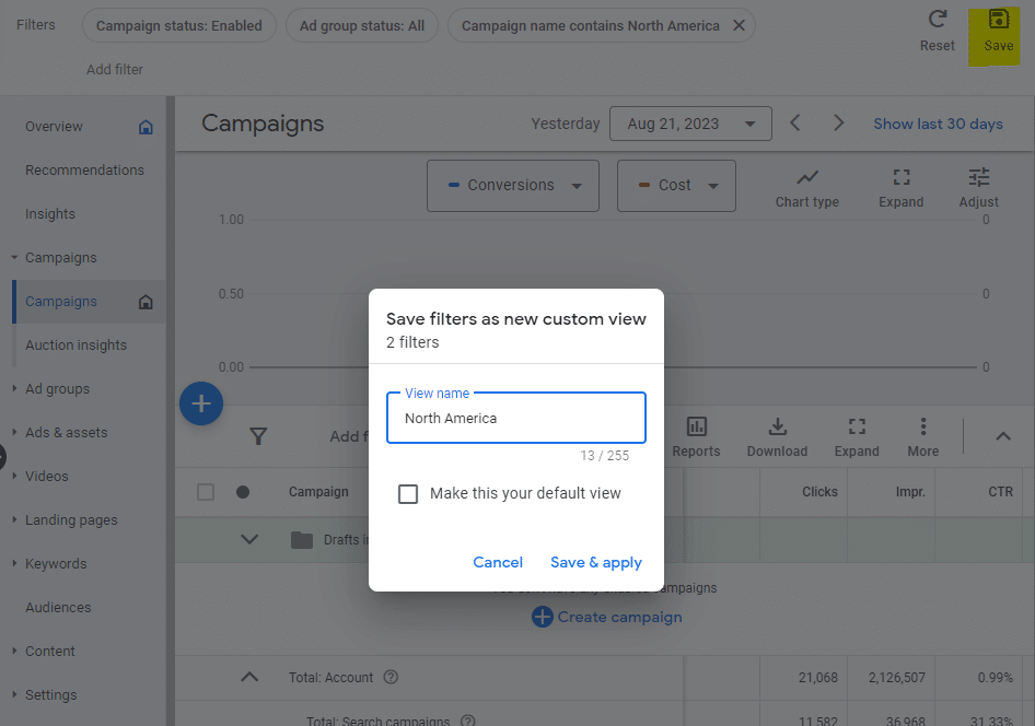 Google Ads - Save filters as custom view