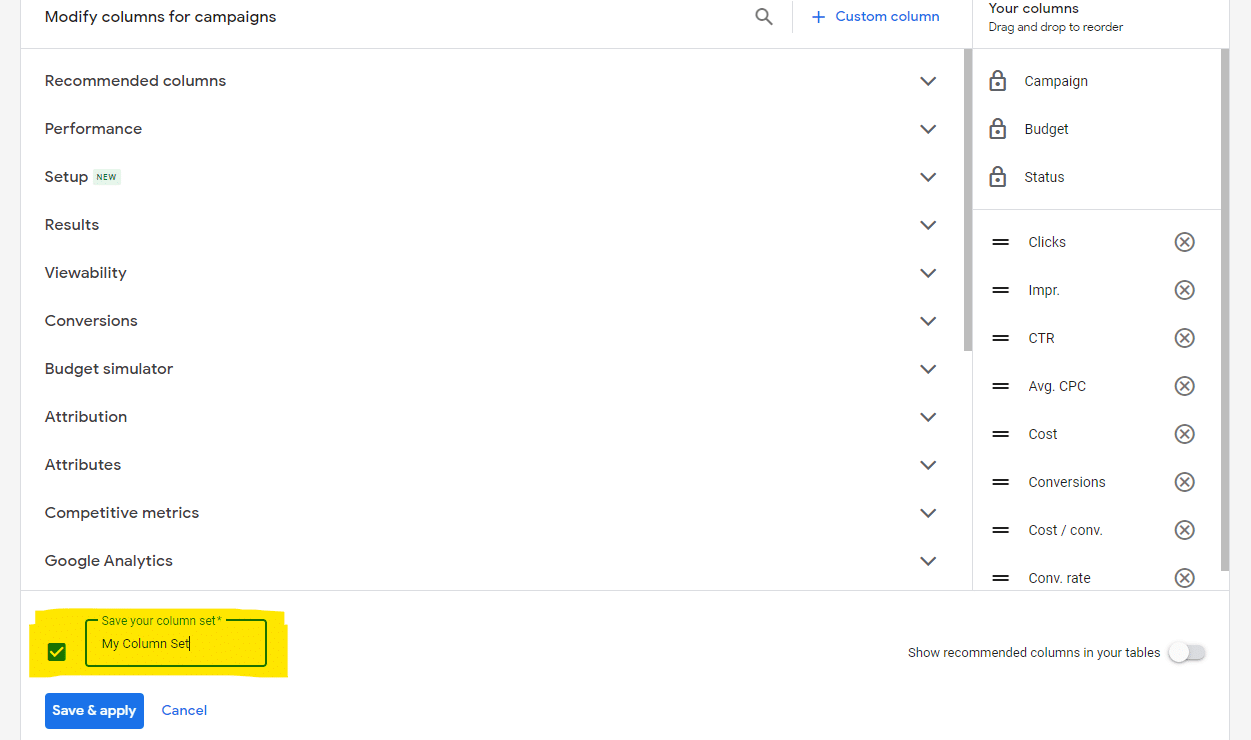 Google Ads - Saved column sets