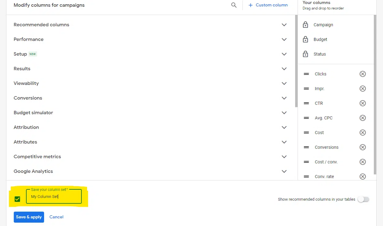 Google Ads - Saved column sets
