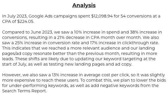 Sample PPC report analysis