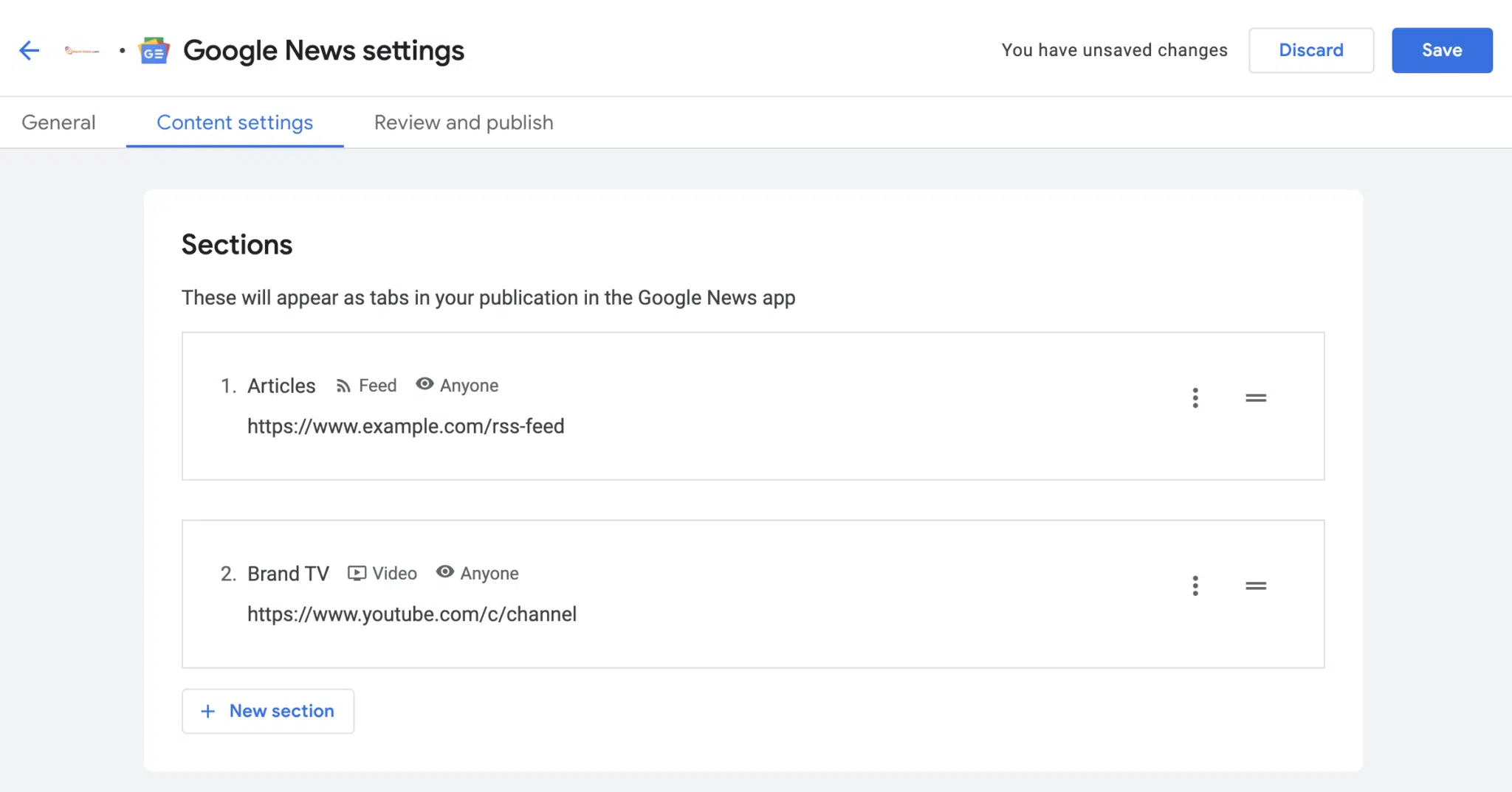 Google News settings sections