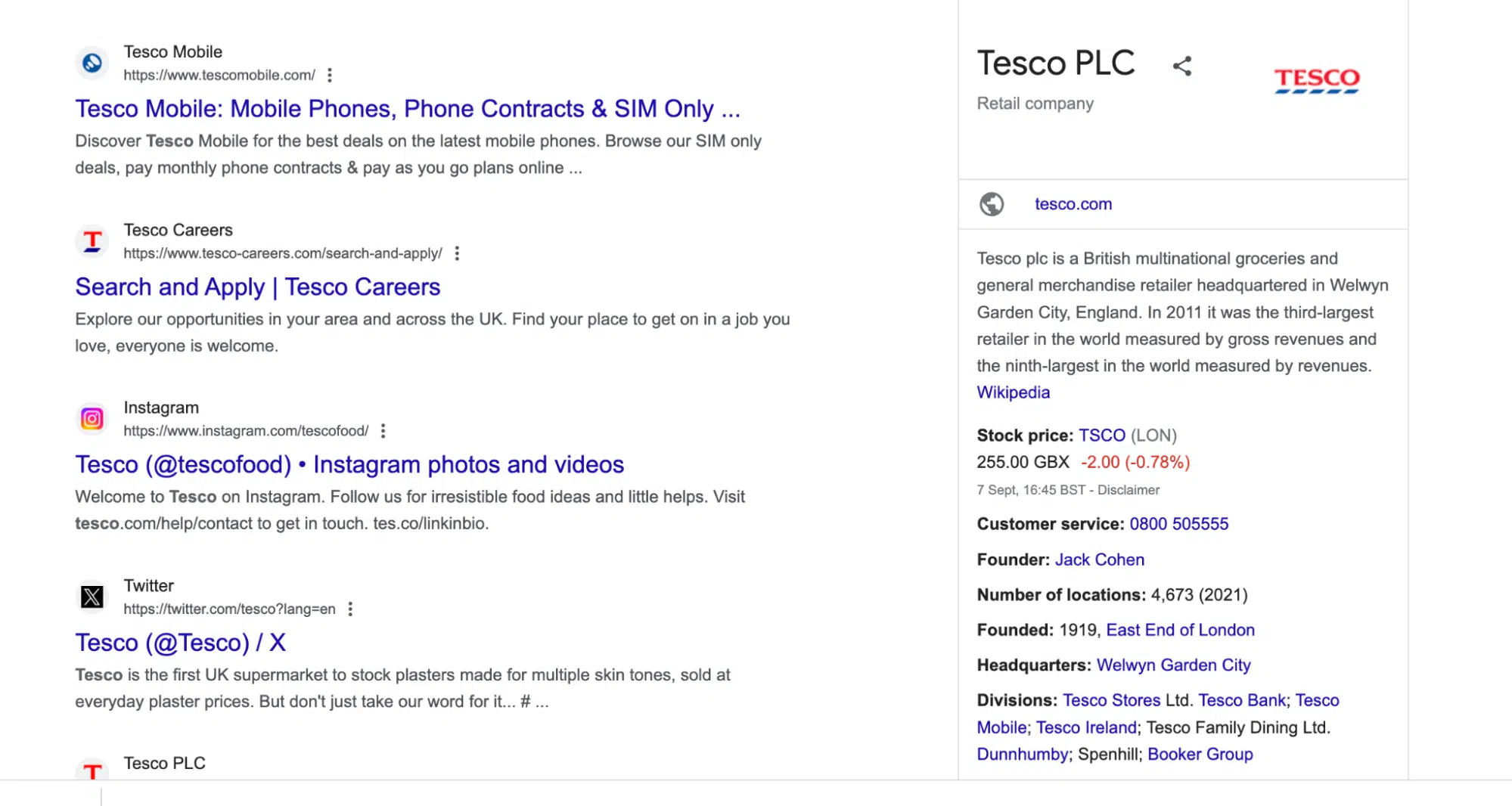 Tesco Google Search Results Page