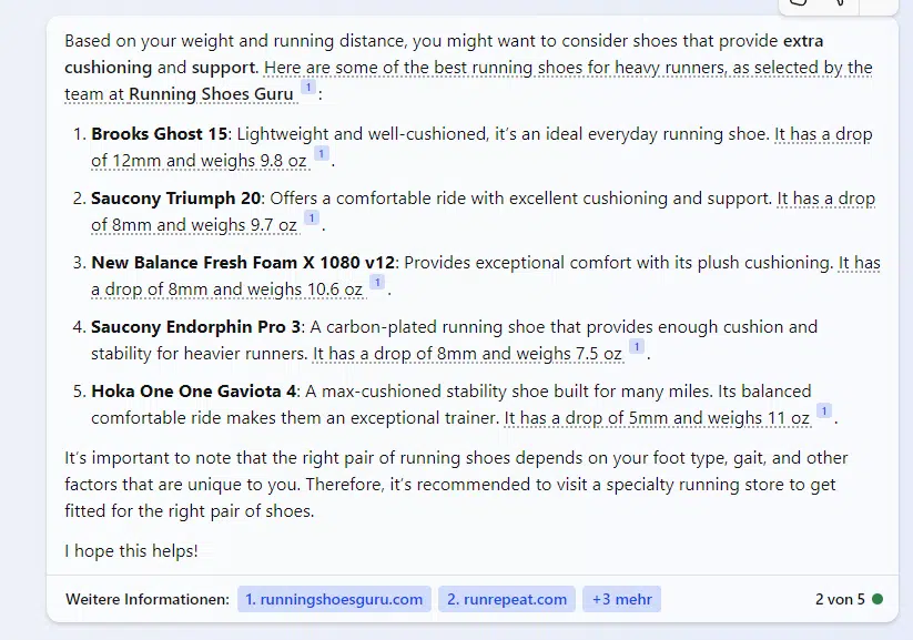 Bing Chat - running shoes query