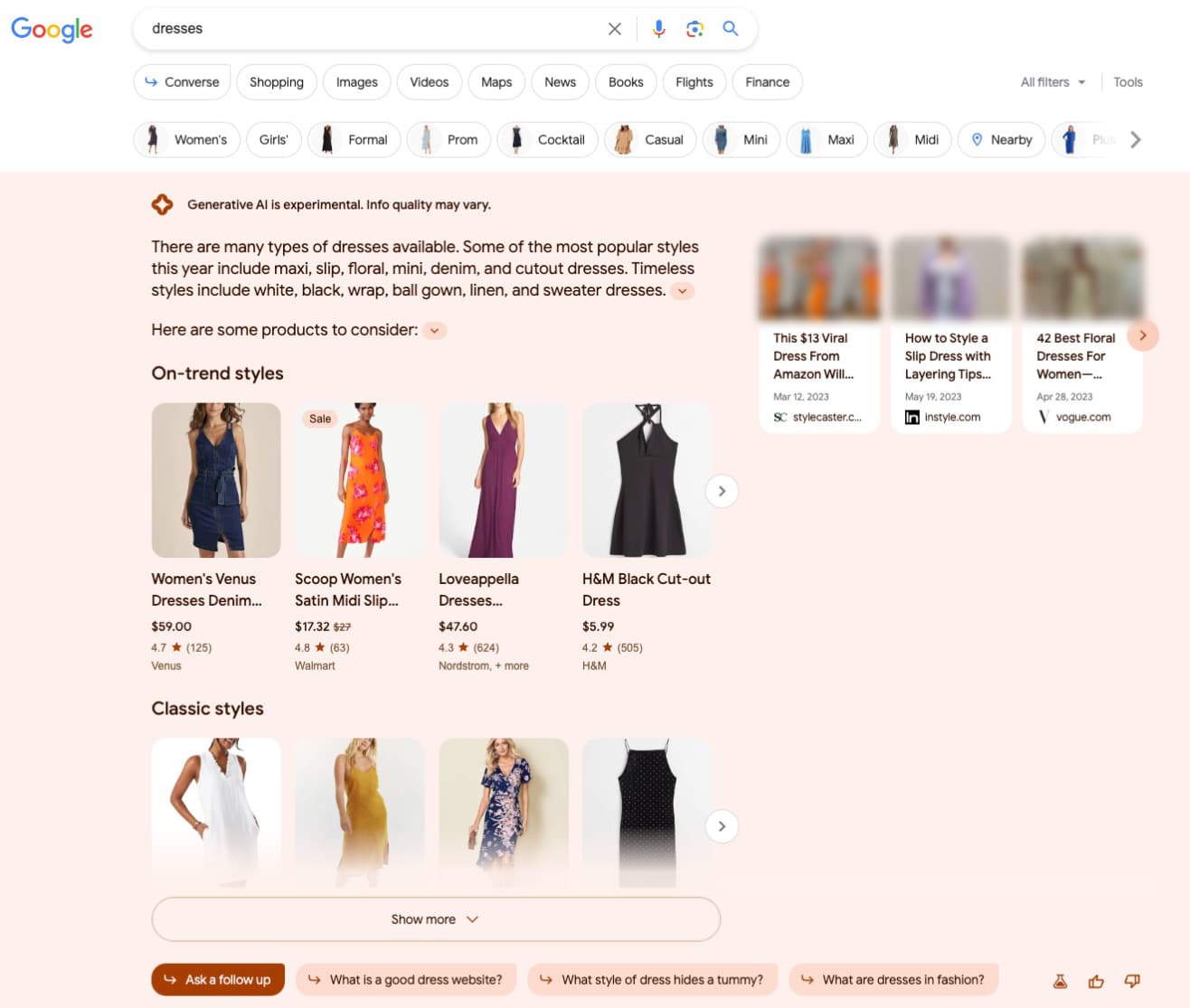 A screenshot of the SERP for the query "dresses". The SGE response takes up a bigger chunk than the previous one. Its size is approximately double in comparison.