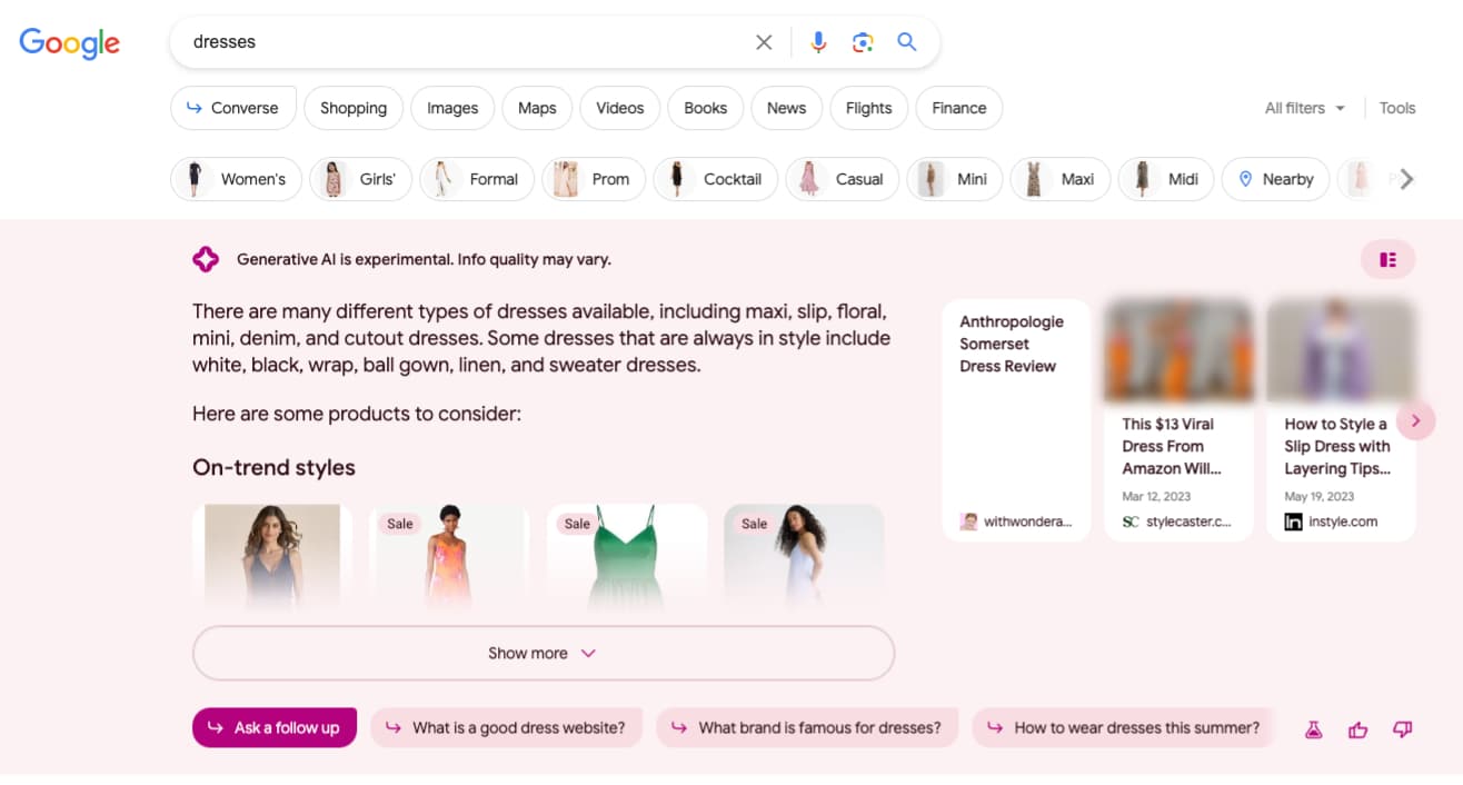 A screenshot of the SERP for the query "dresses". The SGE response takes up a good chunk of the above the fold area and can be expanded by clicking "Show more".