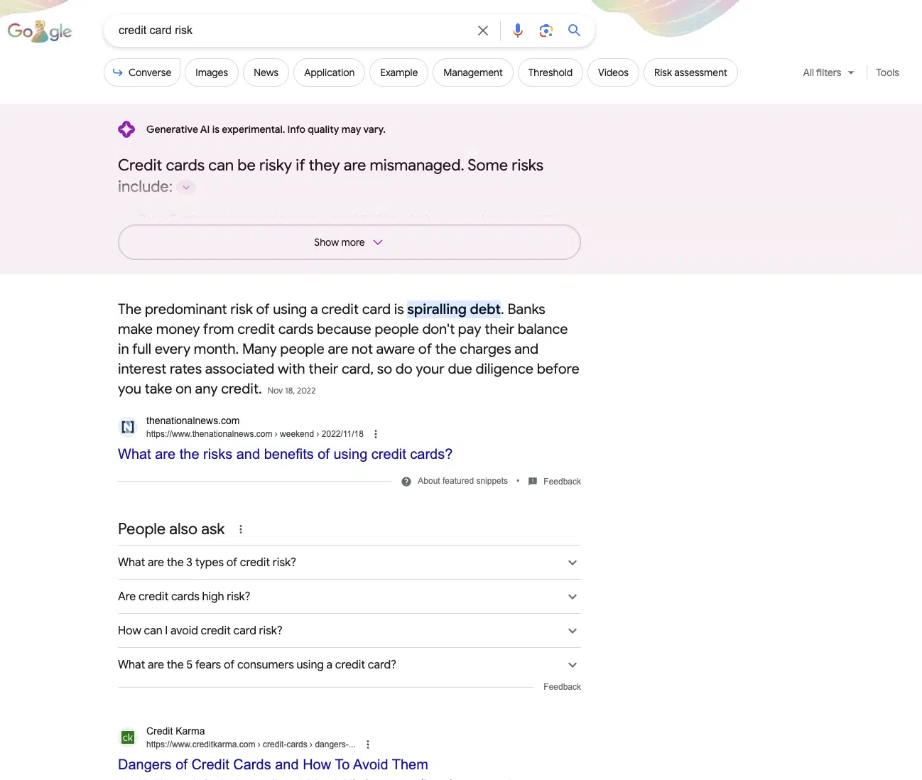 SERP with SGE feature for “credit card risk” from the start of October 2023