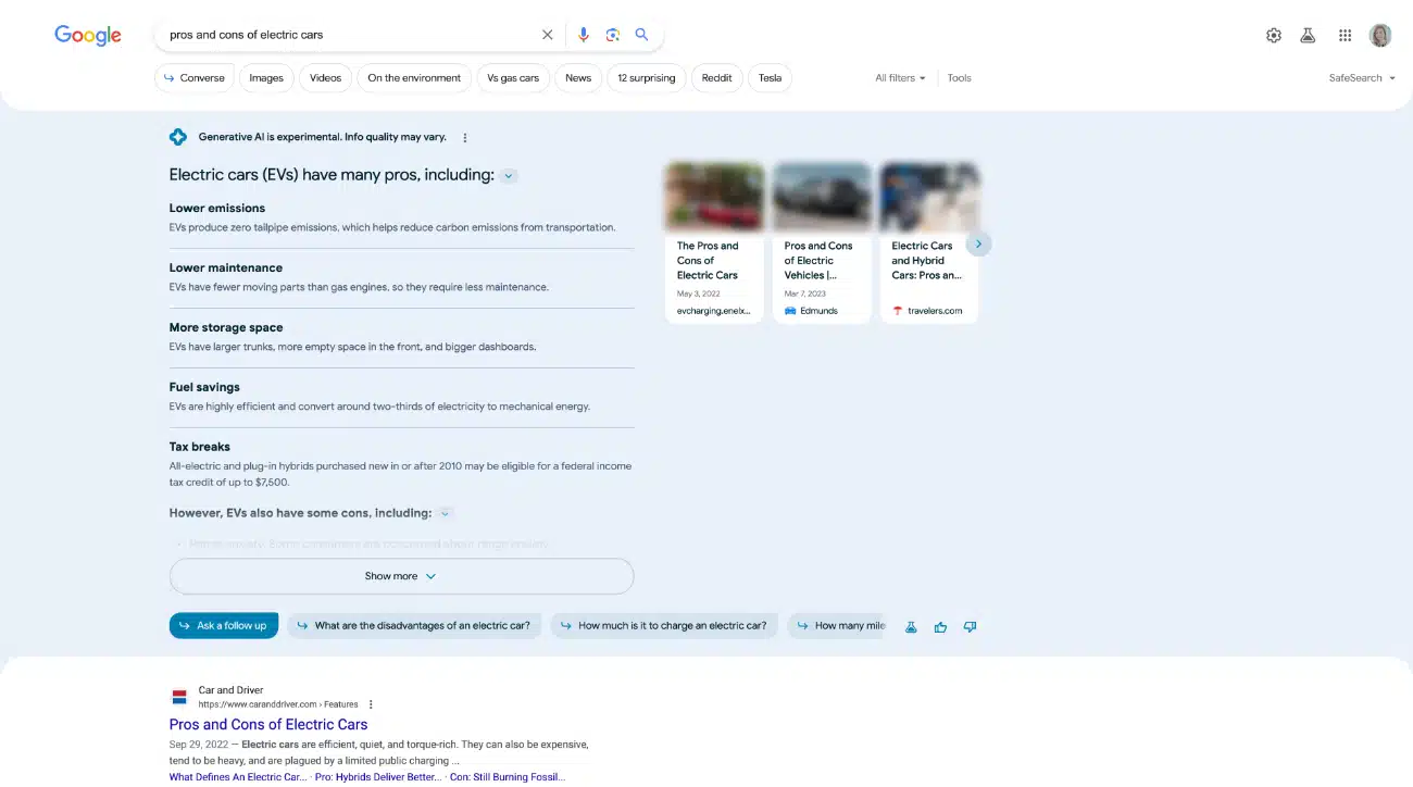 A screenshot of a SERP for the query "pros and cons of electric cars". The SGE response can be expanded by clicking "Show more". No cons are immediately visible.