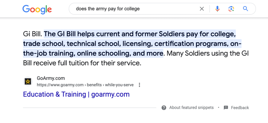 Featured snippet - GoArmy