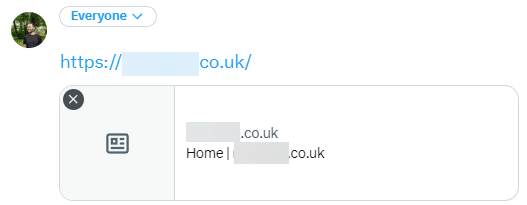 Highlighting what sharing a link looks like if no OpenGraph or Twitter card tags are defined – pretty ugly, but at least it’s clearly a link.