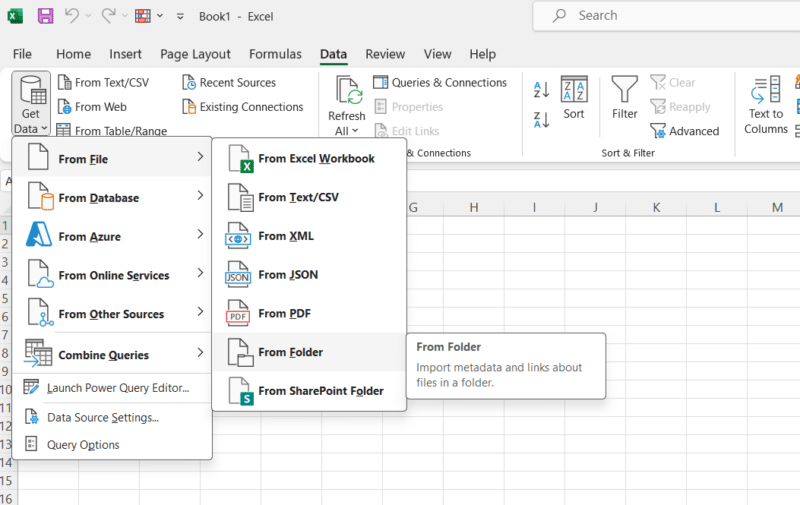 Combine multiple Excel files into one with the help of the Get data from folder option
