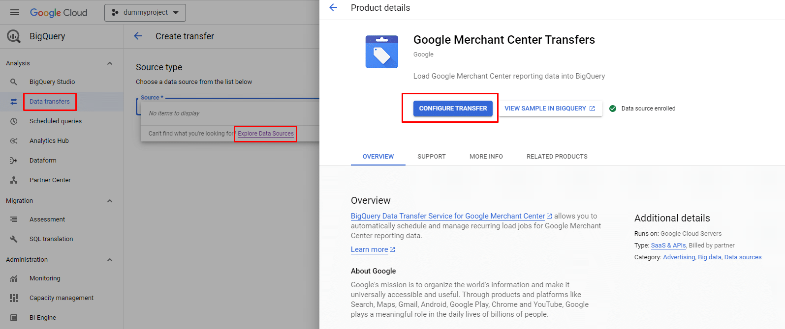 Merchant Center Data via BigQuery data transfer