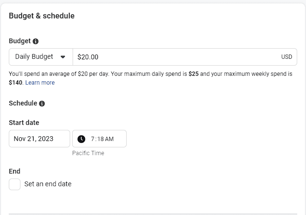 Meta ads - Budget and schedule