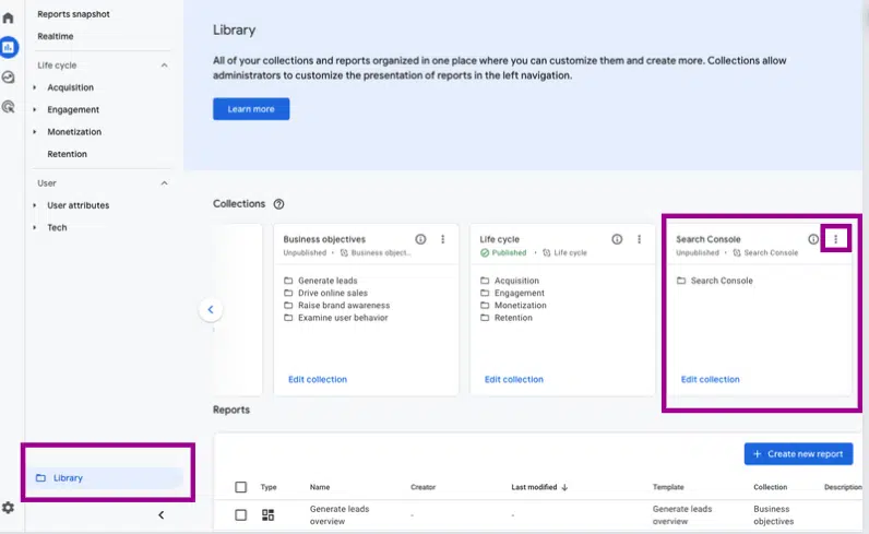 How to publish the Google Search Console report in GA4