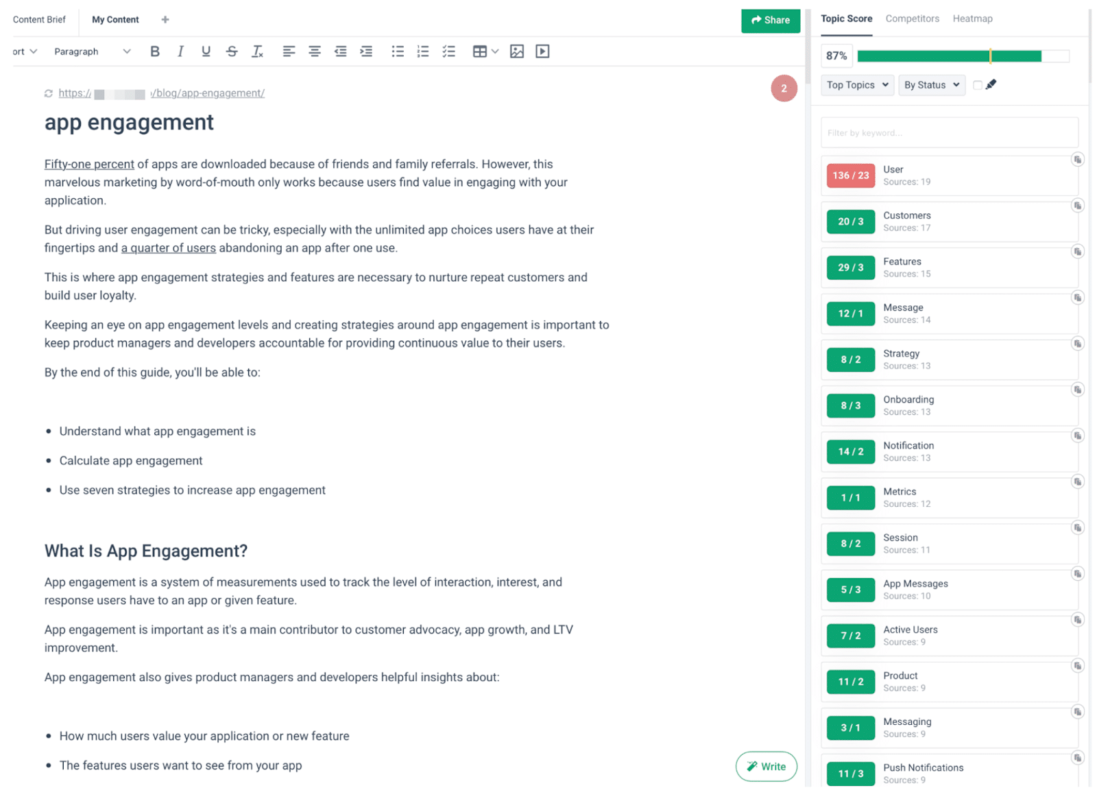 app engagement - topic score