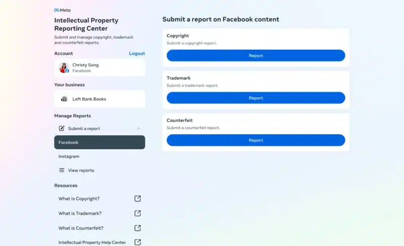 Meta Intellectual Property Reporting Center 800x486