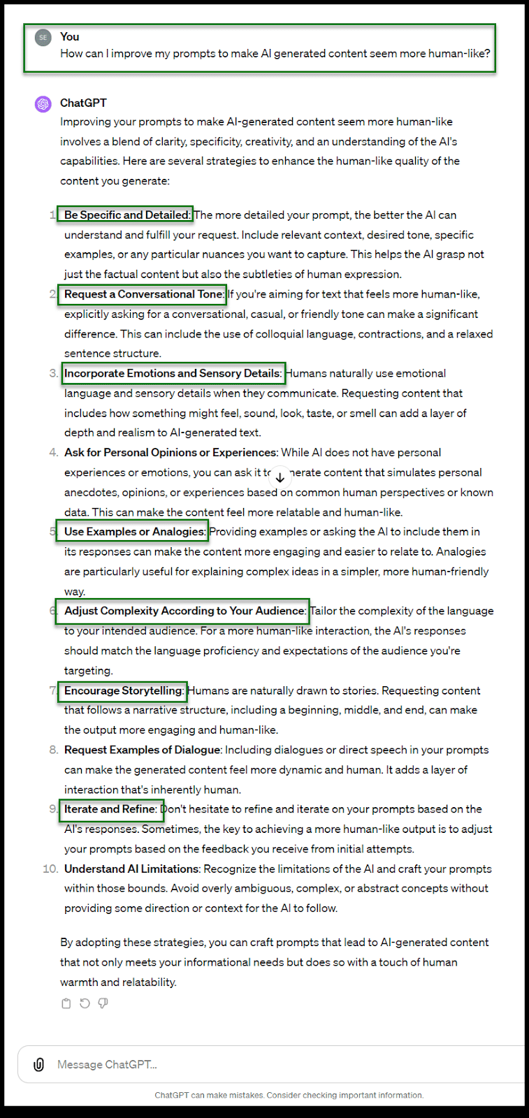 ChatGPT prompts to craft human-like content