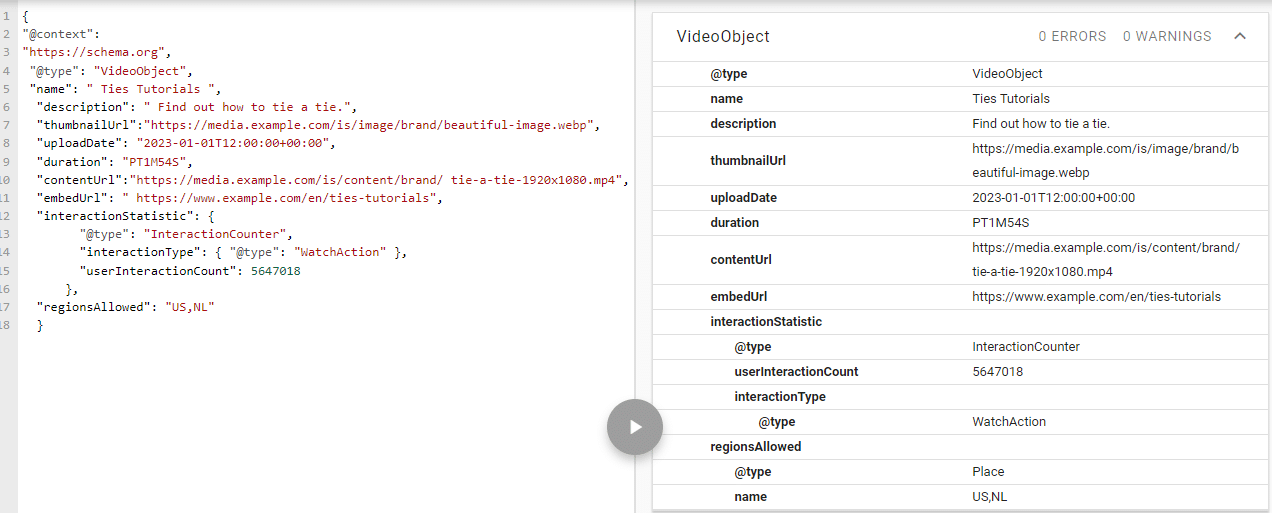 Example of @VideoObject schema validation from Schema.org