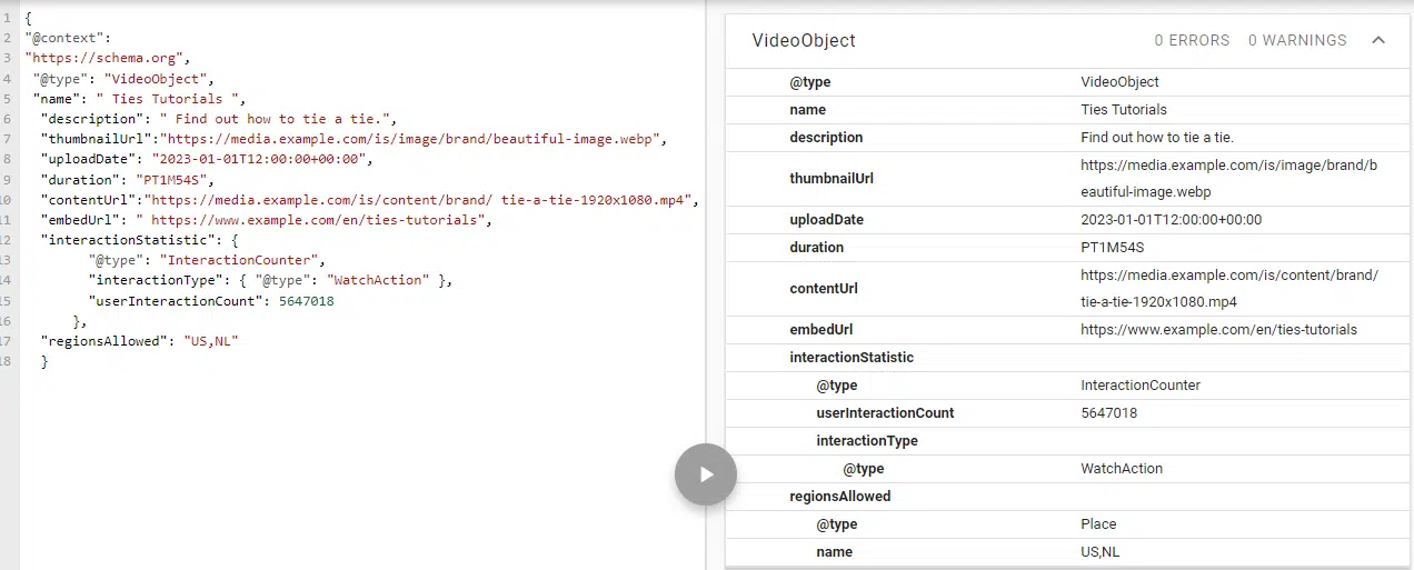 Example of @VideoObject schema validation from Schema.org