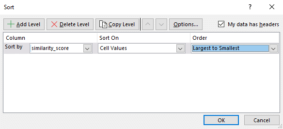 Excel Sort by similarity score