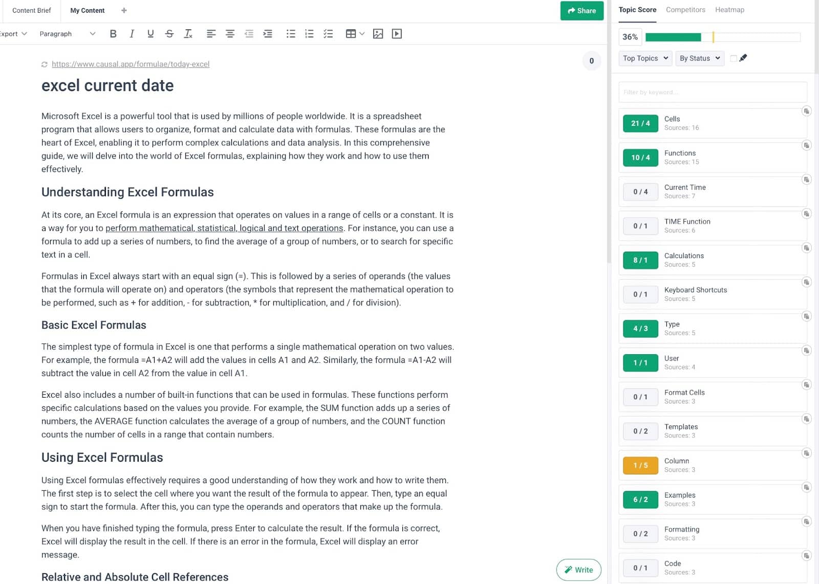 Excel article content brief