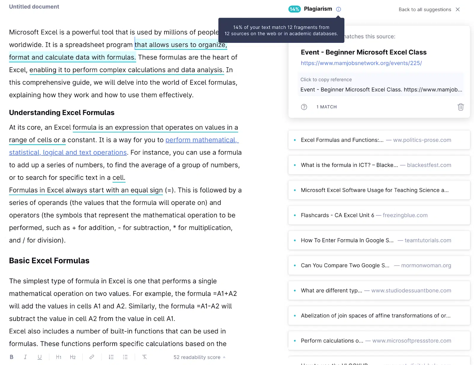 Excel formula article - Grammarly plagiarism checker