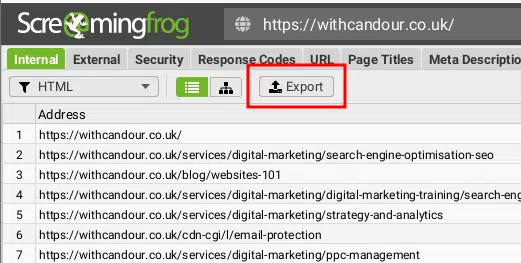 Highlighted: Export button