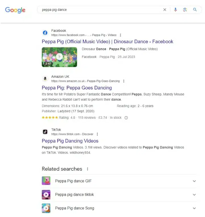 Google search for Peppa Pig Dance