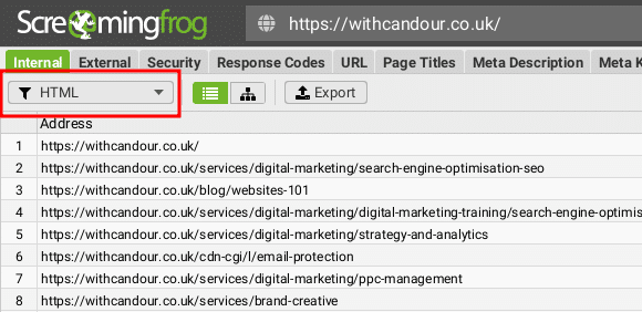 Screaming Frog - Highlighted- HTML filter