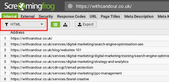 Screaming Frog - Highlighted- HTML filter