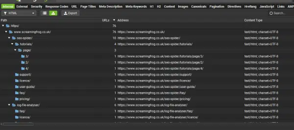 ScreamingFrog - شجرة دليل علامة التبويب الداخلية