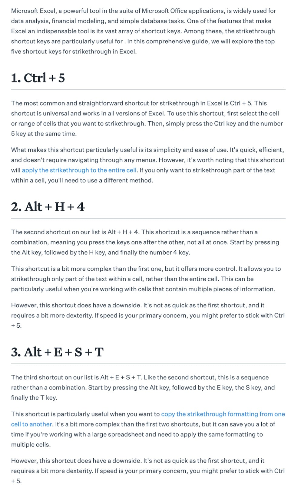 Text-only article on Excel shortcuts