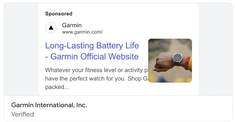 A Garmin Google Ads ad focusing on battery life in the U.S., March 2024.