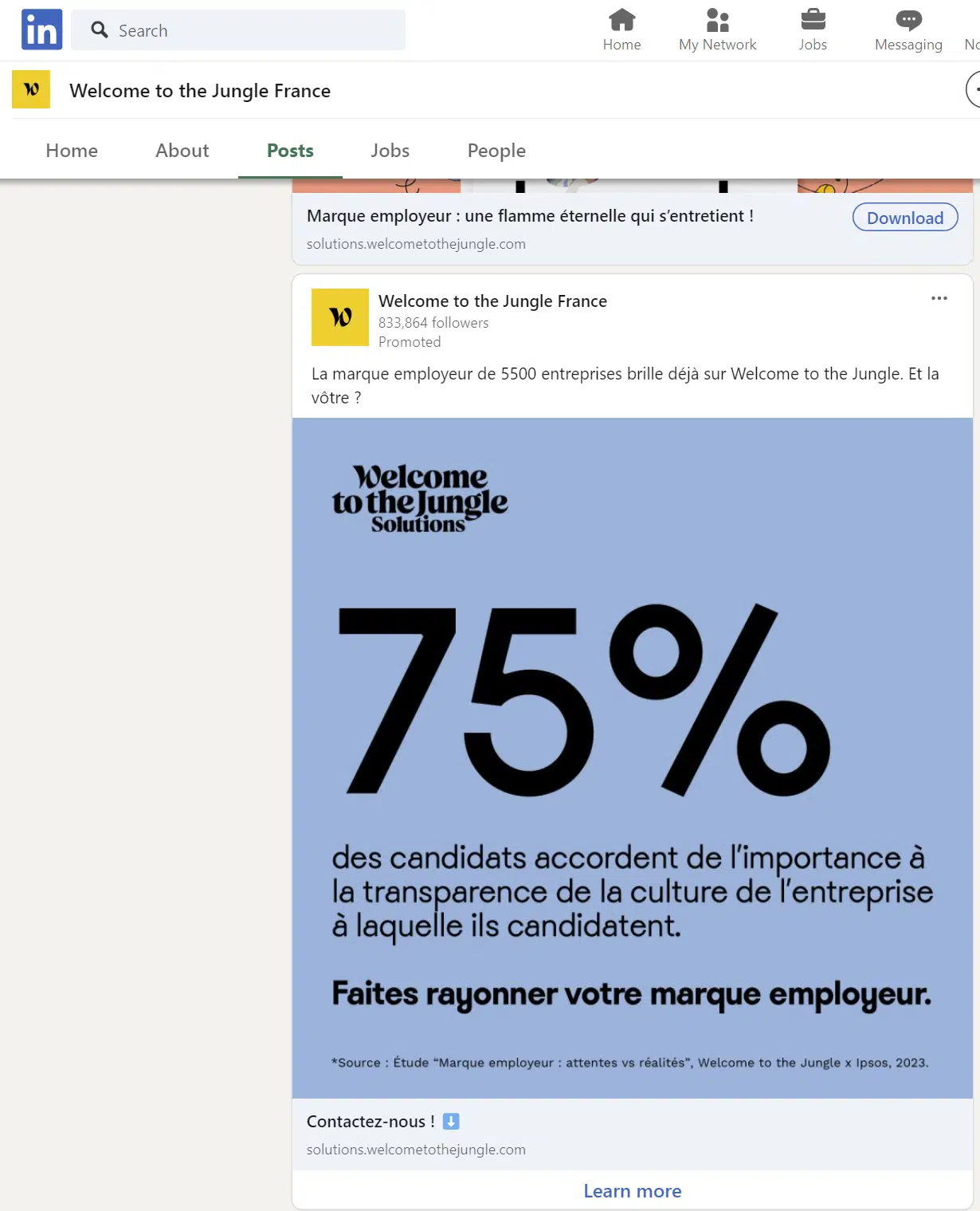 A Welcome to the Jungle LinkedIn Ads ad in France, March 2024.