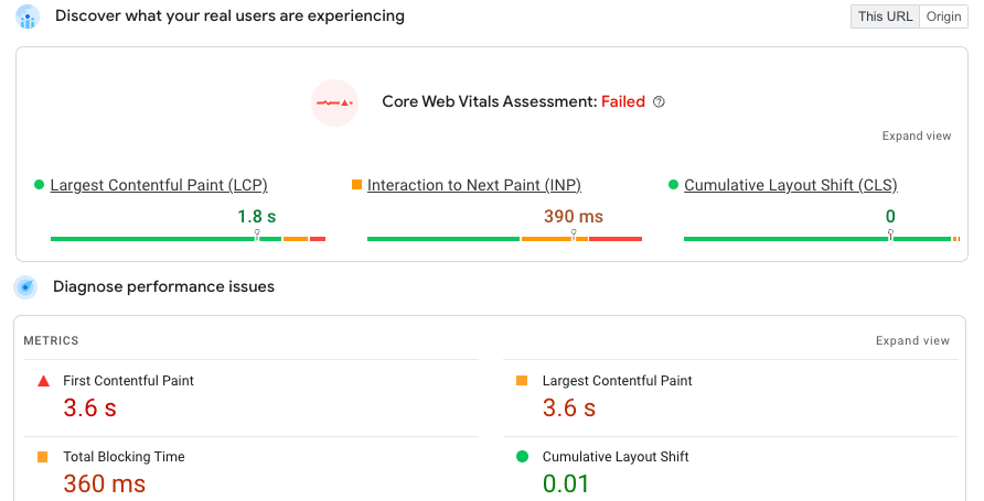 PageSpeed Insights result with field data and lab data