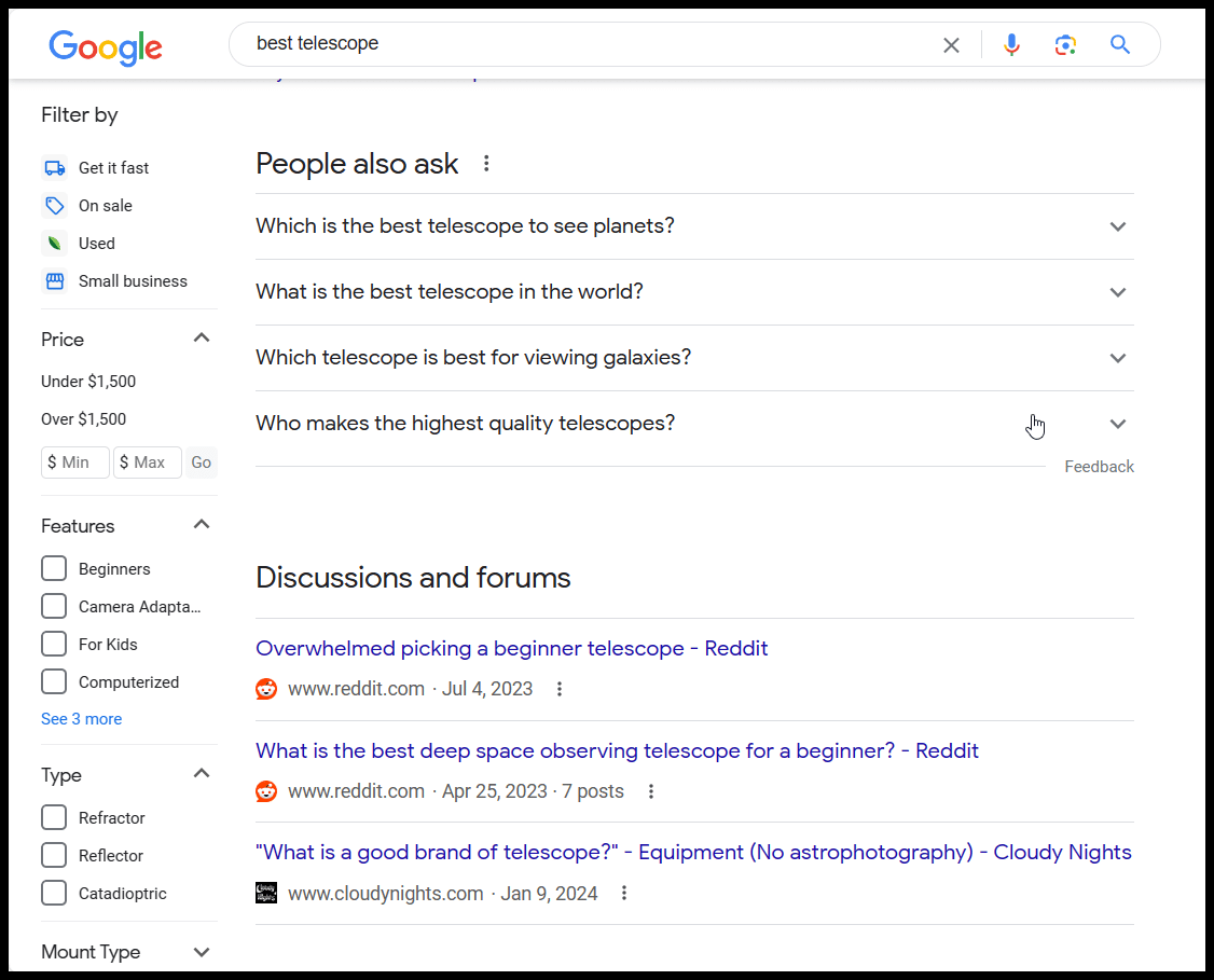 Google SERPs for 'best telescope' - PAA, Discussions and foums