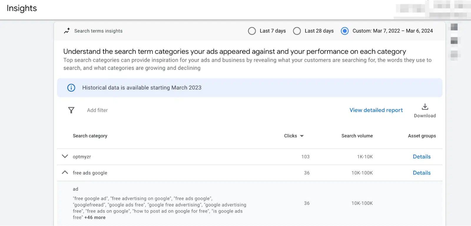 Search terms for Performance Max can be found in the Google Ads UI. Screenshot by author, March 2024.