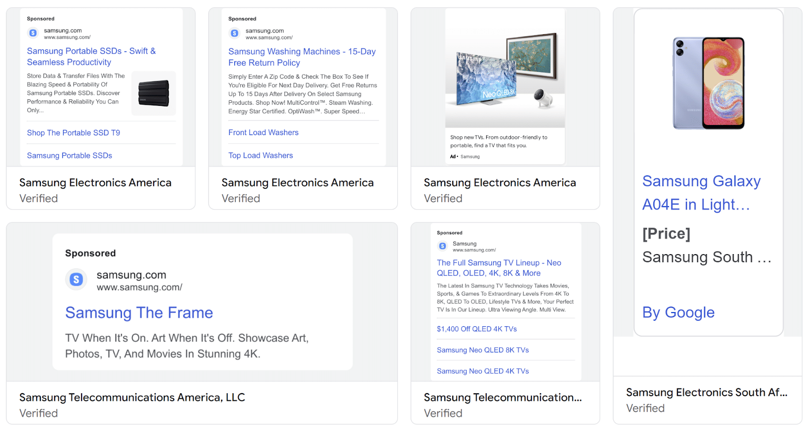 Some of Samsung’s Google Ads ads in the U.S., March 2024.