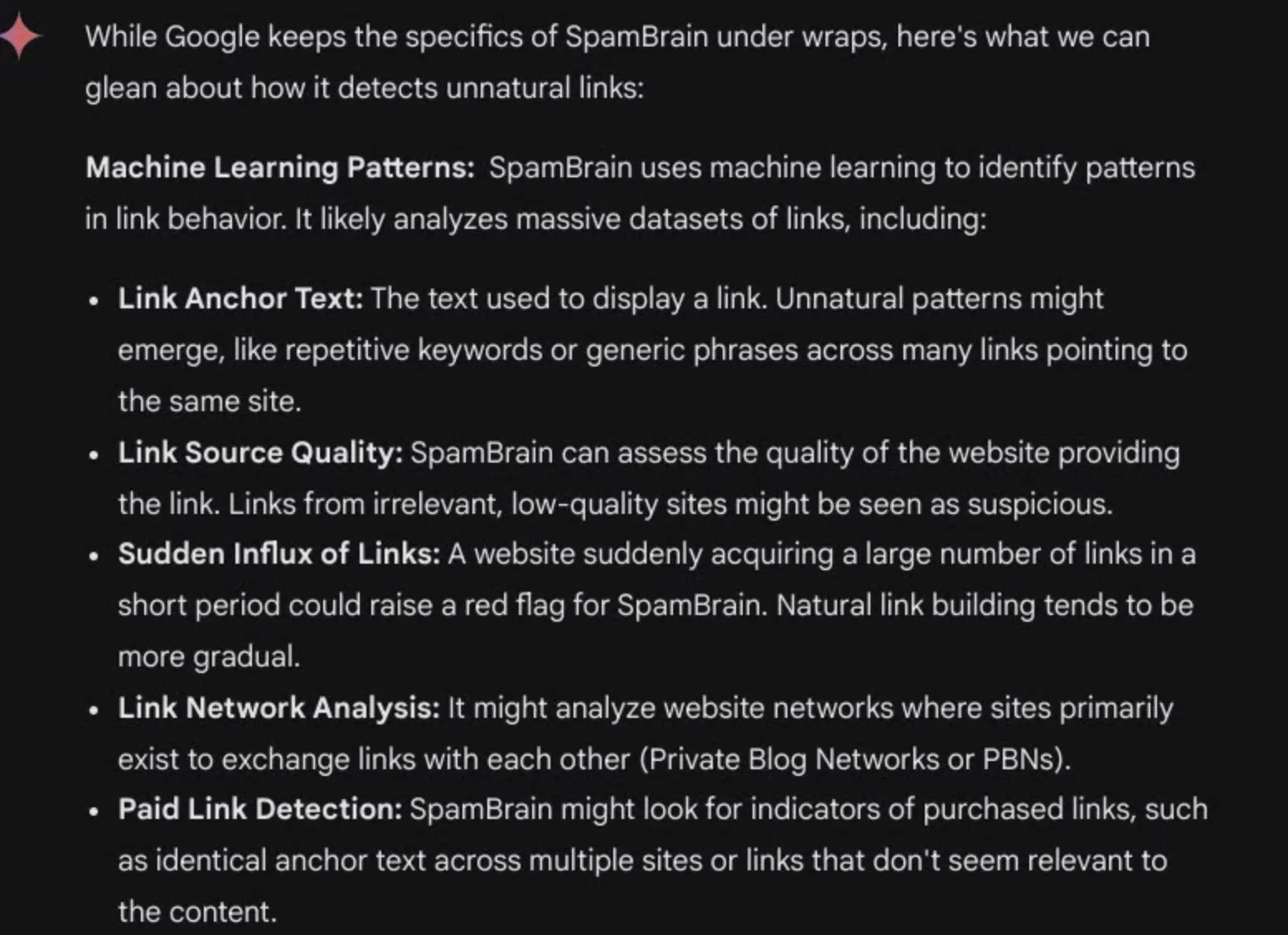 SpamBrain and unnatural links according to Gemini