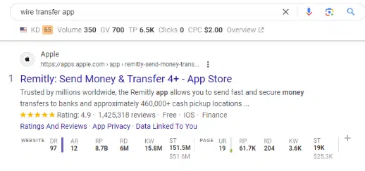 Wire transfer app SERP - Remitly