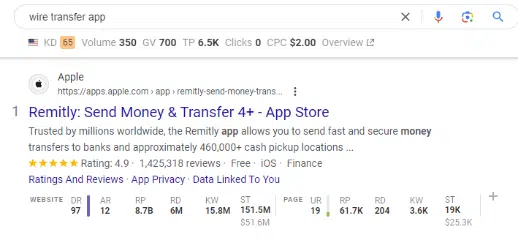 Wire Transfer App SERP - Remitly