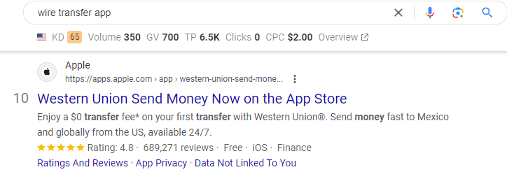 Wire transfer app SERP - Western Union