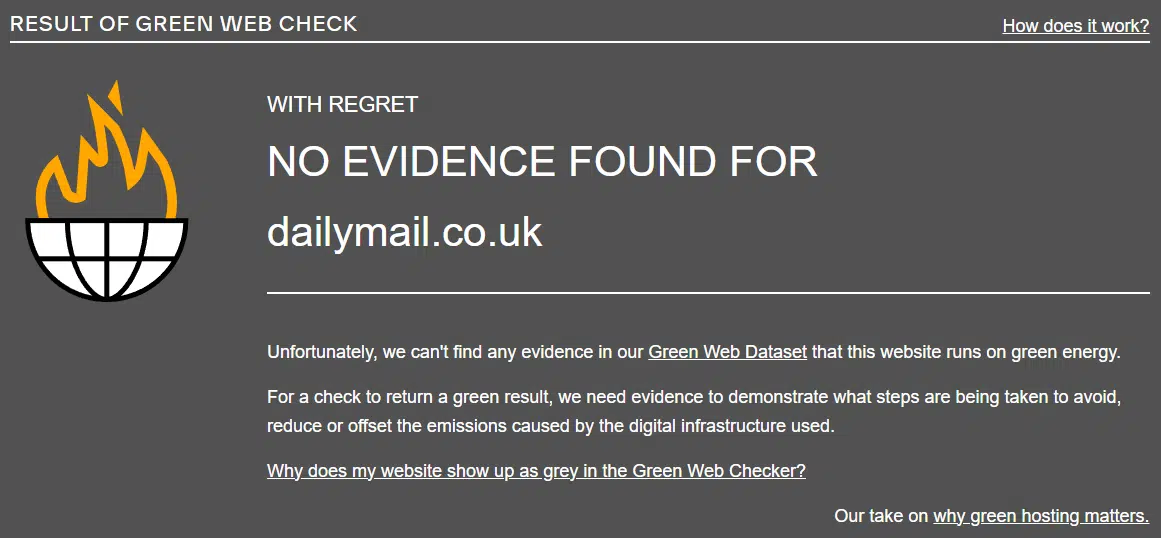 The Green Web Check for the dailymail.co.uk tabloid website, as provided by the Green Web Foundation.