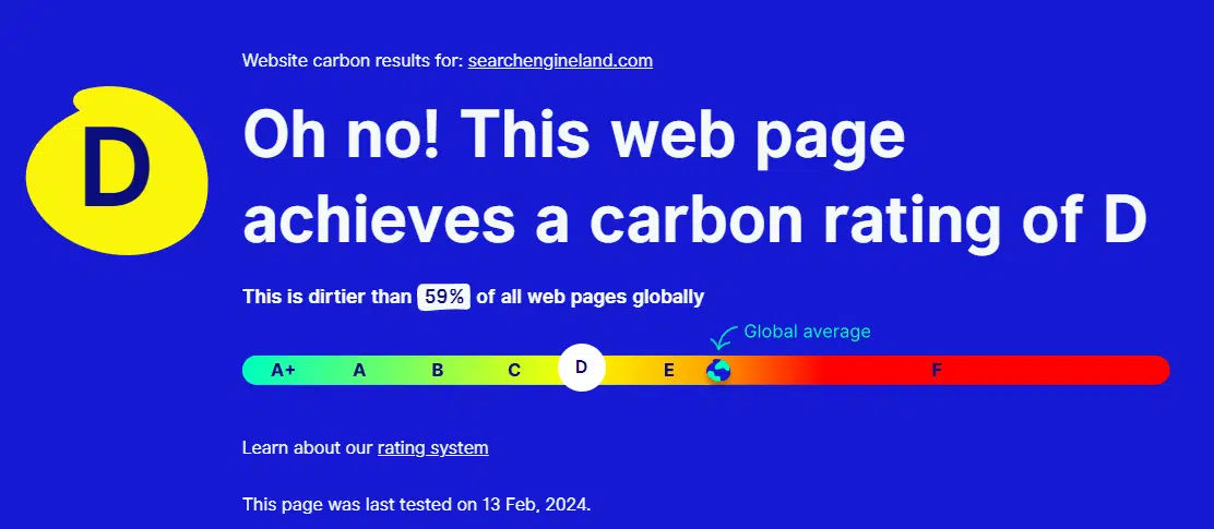 The Website Carbon calculator showing the carbon rating of the searchengineland.com website