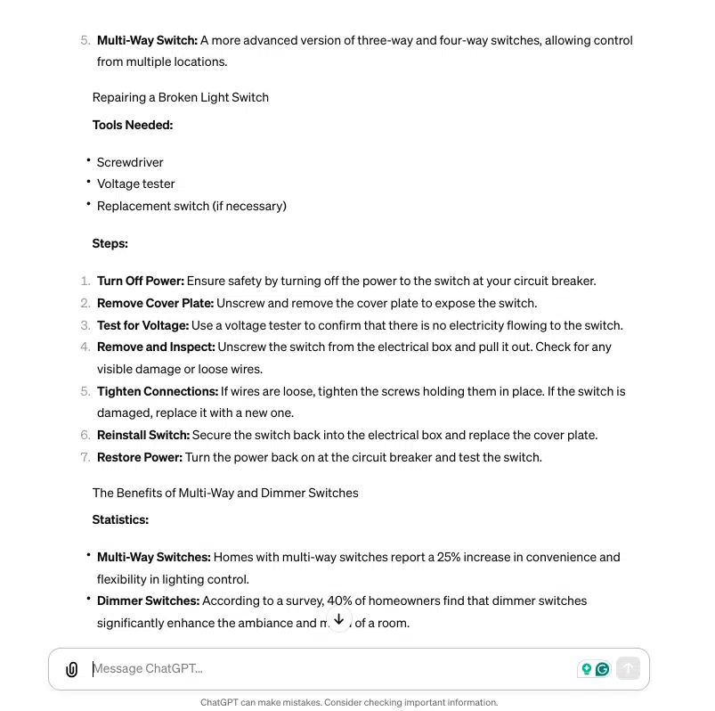 A portion of a ChatGPT-generated article on how to repair a broken light switch.