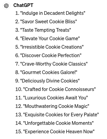 ChatGPT headlines for gourmet cookie business