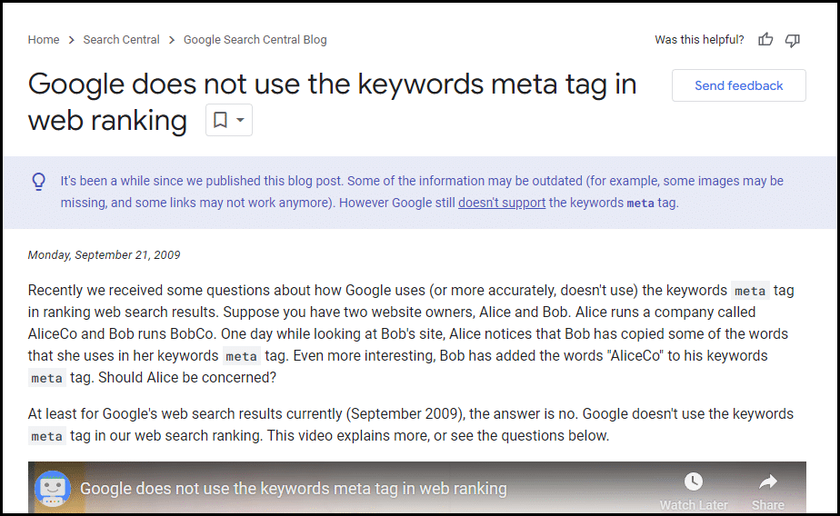 Google does not use the keywords meta tag in web ranking