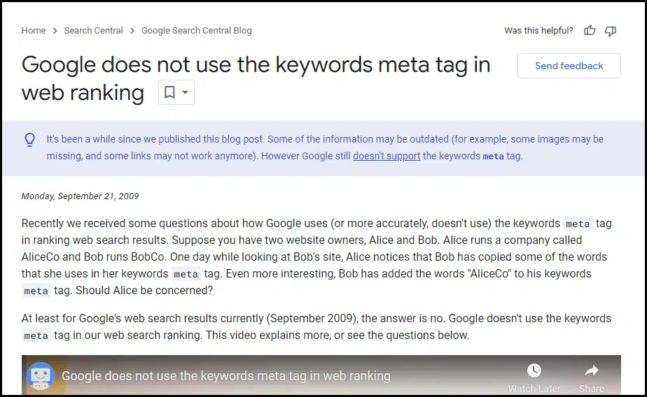 Google does not use keyword meta tags in web rankings